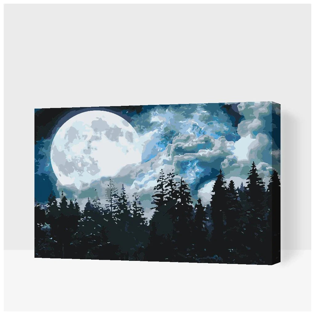 Fullmåne över mörk skog – måla efter nummer tavla
