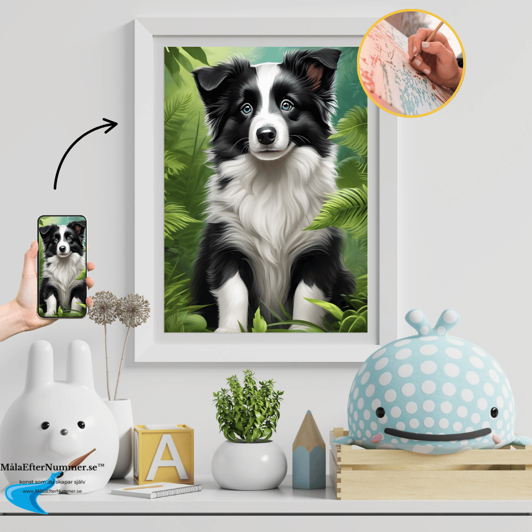 Kund målar sin egen familjebild som målarbild efter nummer på canvas