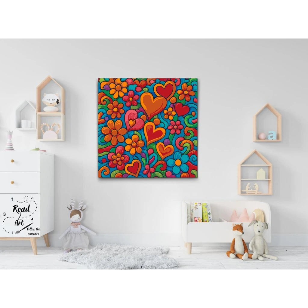 Hjärtan och blommor – färgglad måla efter nummer tavla