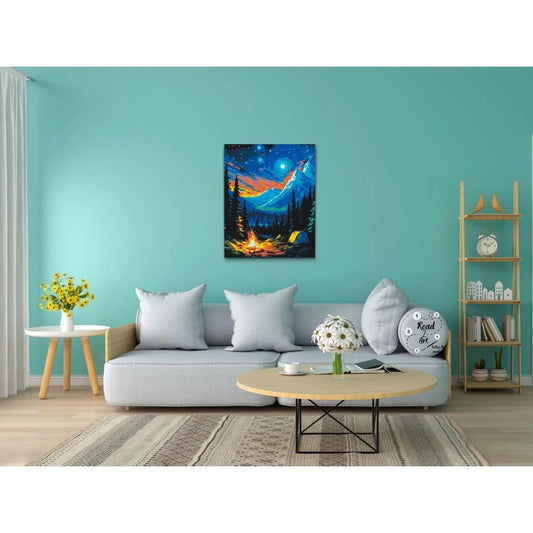 Magisk natt i bergen med stjärnhimmel och eld – paint by numbers motiv