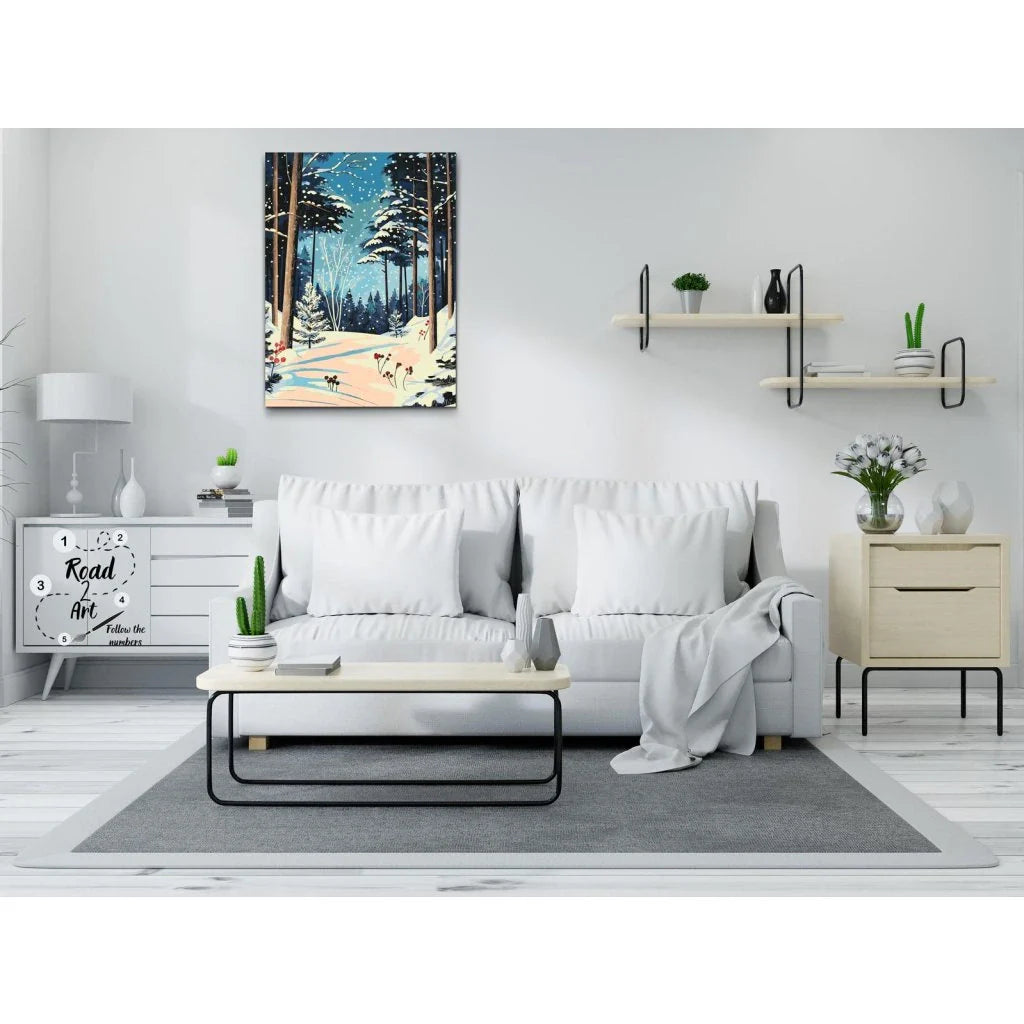 måla efter nummer vinterlandskap med snö, granar och blå himmel paint by numbers