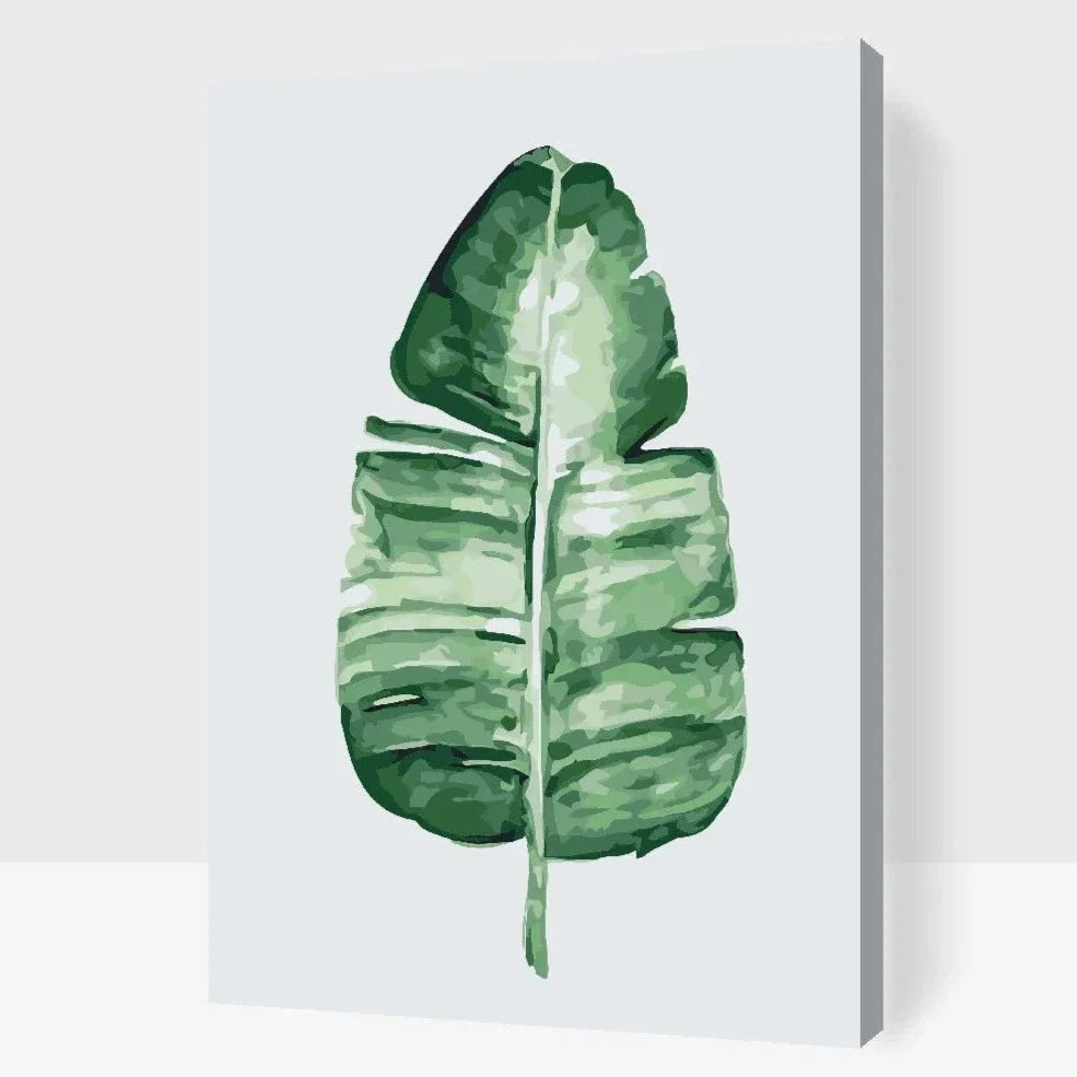 Grönt blad målarbild på canvas – måla efter nummer med akrylfärg
