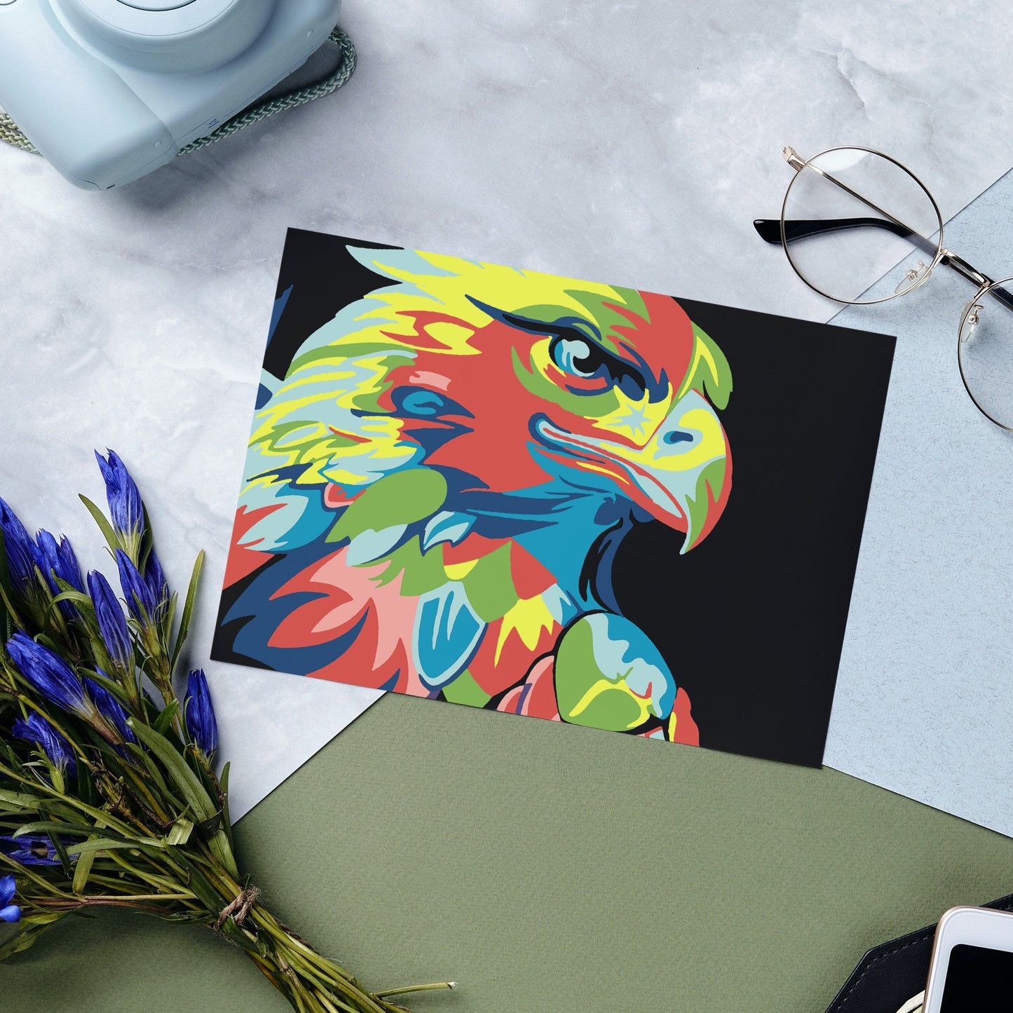 Delvis färglagd målarbild av örn från målaefternummer.se, utskriven hemma
