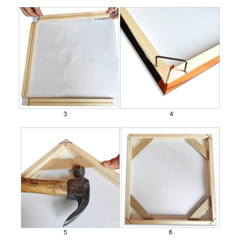 Monteringssats till spännram – trä, skruvar och instruktioner