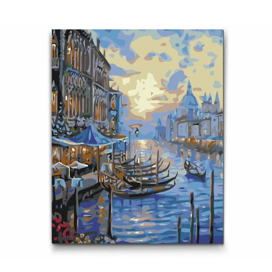 Måla efter nummer med Venedig-motiv – detaljerad canvas med färg och penslar
