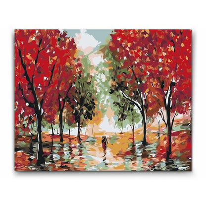 Magiskt röd promenad med träd och stig – måla efter nummer tavla