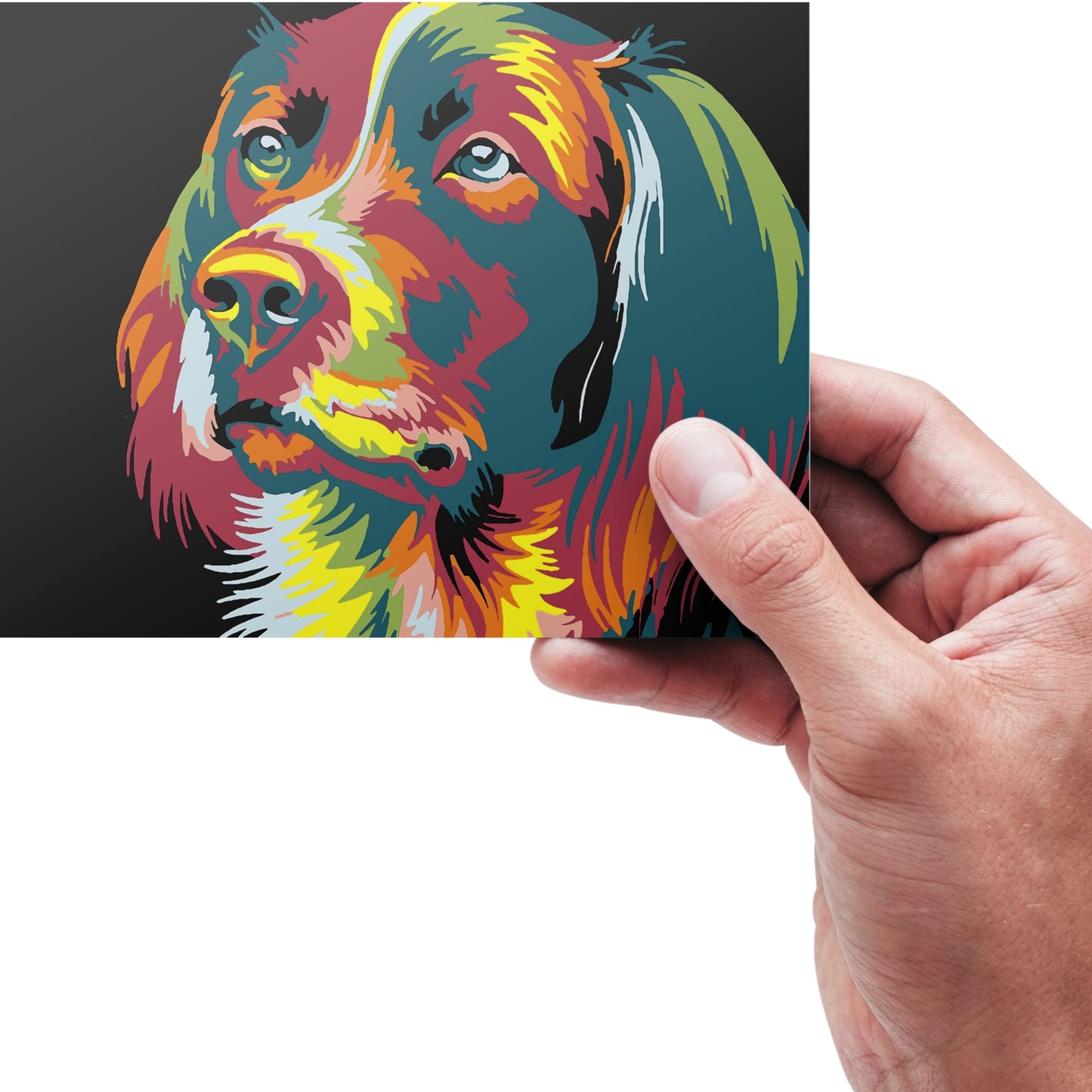 Utskriven målarbild av hund från målaefternummer.se, delvis färglagd med tuschpennor
