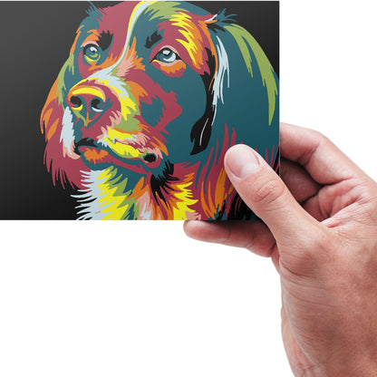 Utskriven målarbild av hund från målaefternummer.se, delvis färglagd med tuschpennor
