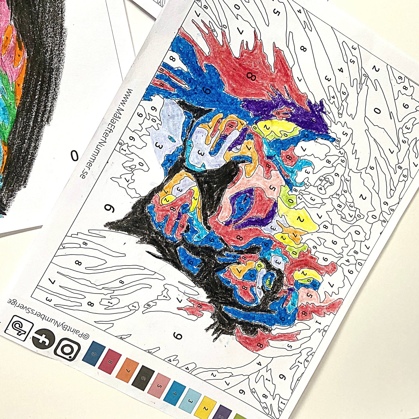 Utskriven PDF med lejonmotiv från måla efter nummer – delvis färglagd med färgpennor
