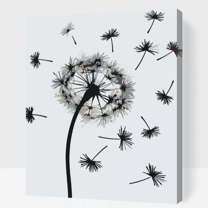 Maskros i Vinden" måla efter nummer: En färdig målning av svävande maskrosor. Alt text: Färdig konstverk av maskrosor skapad med måla efter nummer-teknik.