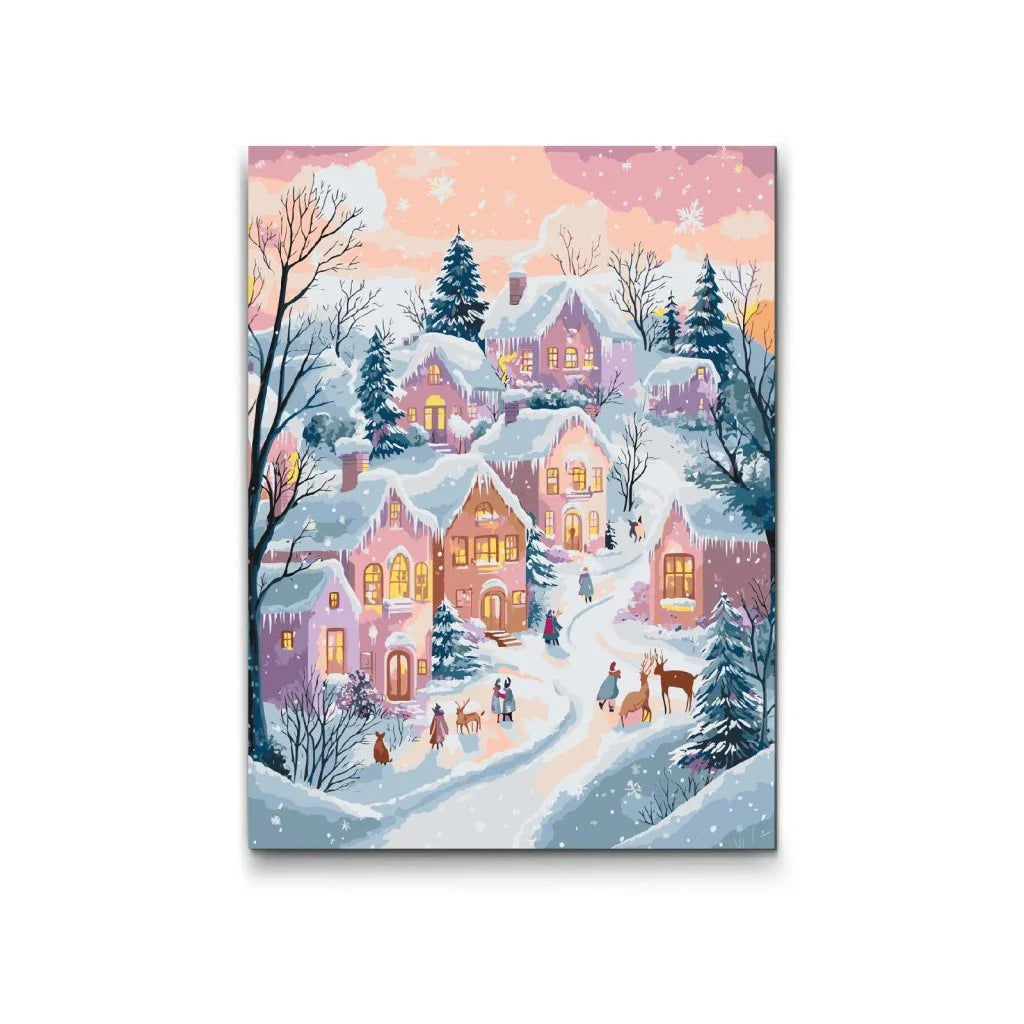  måla efter nummer vinterby i snö med hus och människor
