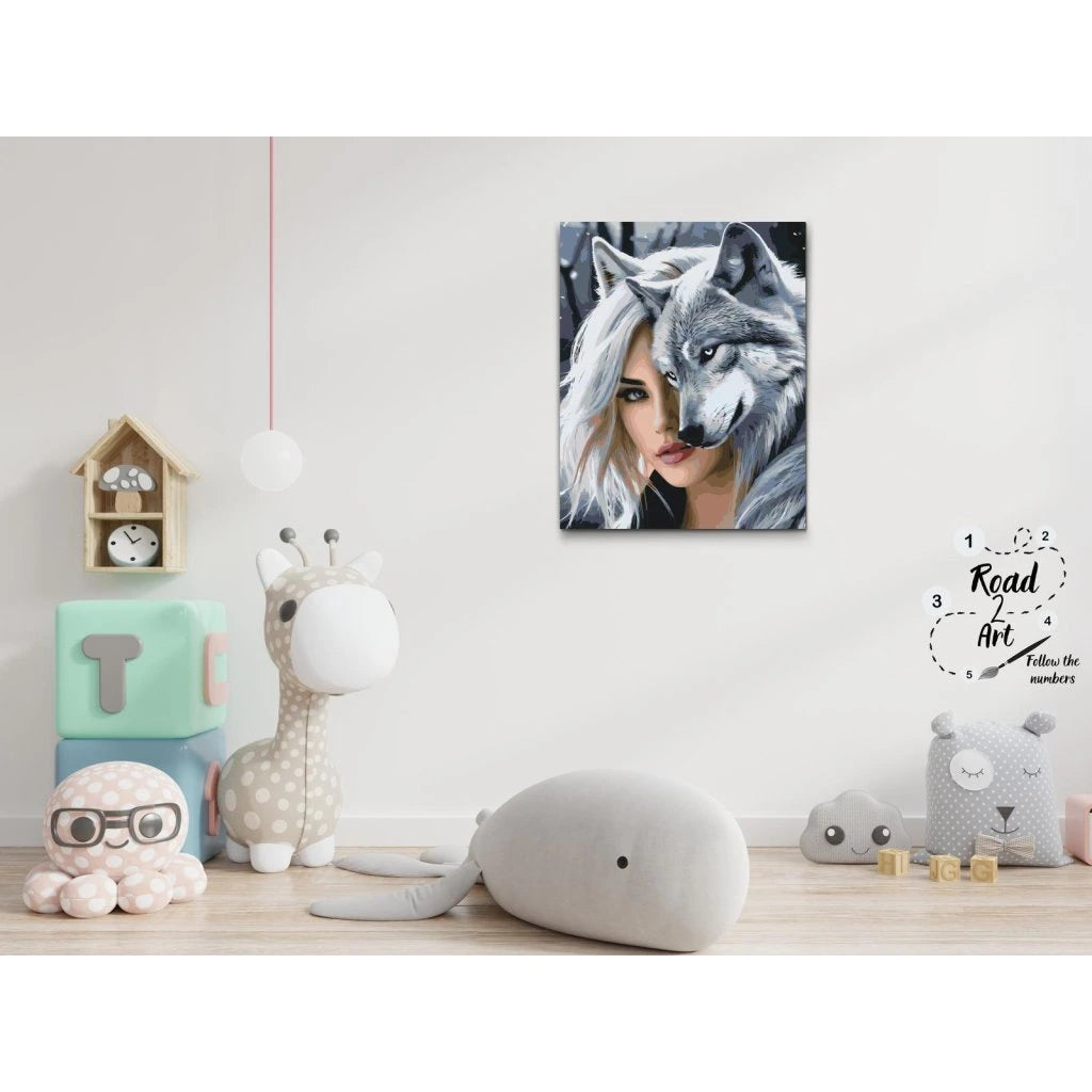 Konstmotiv med kvinna och varg – paint by numbers kit