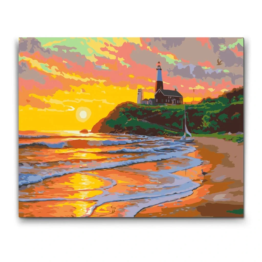 Fyr vid havet i solnedgång – måla efter nummer landskapsmotiv