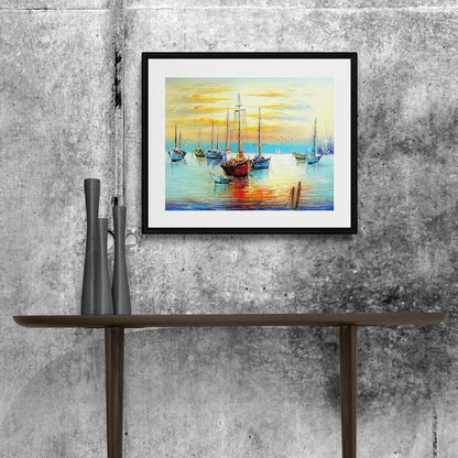 Fiskebåtar i solnedgång – paint by numbers motiv