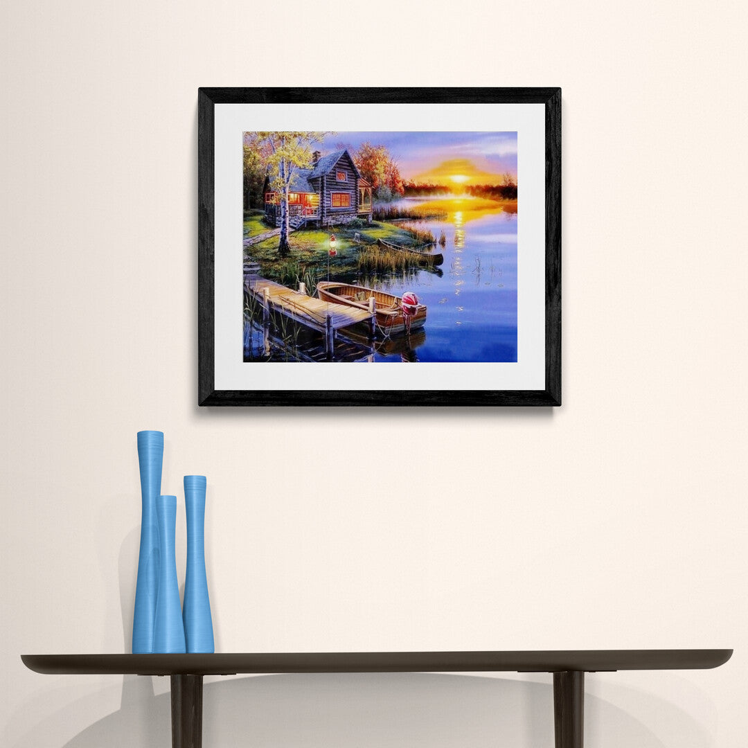 Stuga vid sjö i solnedgång – måla efter nummer tavla med naturmotiv