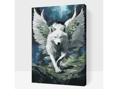 "Änglavarg" Måla efter siffror. Setet inkluderar en förtryckt canvas med numrerade fält, dubbelt så mycket färg som behövs, högkvalitativa penslar och alternativ för inramad eller oinramad version. Perfekt för konstnärer på alla nivåer. En bild av en änglavarg tar form på duken. En kreativ och avkopplande aktivitet för alla.