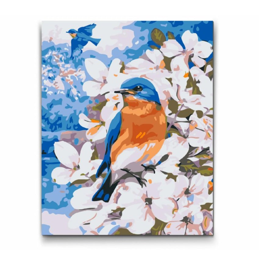 Blå fågel sittande på gren – måla efter nummer tavla med naturmotiv
