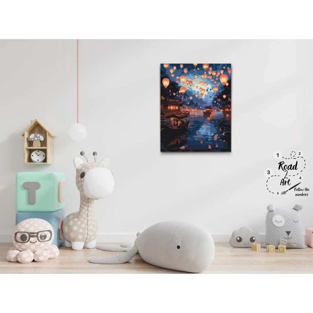 Magisk natt med svävande lyktor över floden – paint by numbers tavla