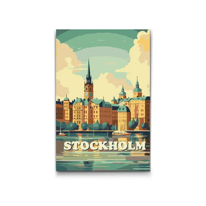 Stadssiluett över Stockholm i solnedgång – måla efter nummer motiv