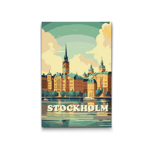 Stadssiluett över Stockholm i solnedgång – måla efter nummer motiv